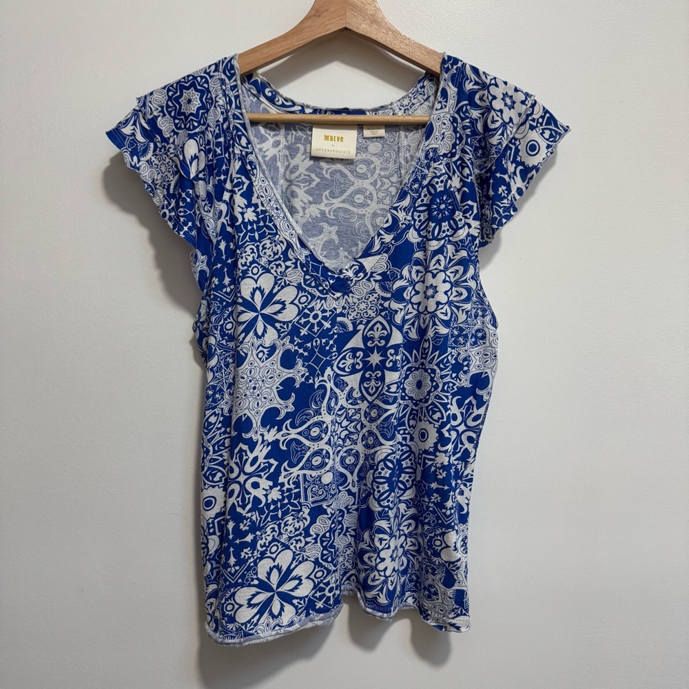 Maeve by Anthropologie Catie Ruffle Sleeve Printed Blouse Top - Picture 2 of 12